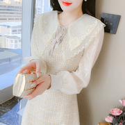 20223春季娃娃领蕾丝钩花海军，领拼接小香风长袖中长款连衣裙