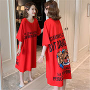 夏装韩版中长款虎头短袖T恤女裙子宽松女装大码连衣裙大红色