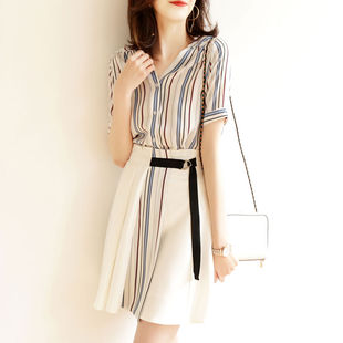 时尚套装裙女2023夏季韩版气质短袖条纹衬衫雪纺半身裙两件套