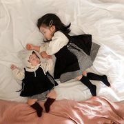 ins2023春秋韩国婴儿格子吊带连衣裙套装宝宝连体哈衣爬服姐妹装