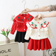 韩版童装宝宝韩版女童，可爱樱桃毛衣开衫，裙子儿童洋气针织套装