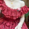 铁锈新娘重工!绝美红色网纱蕾丝，荷叶边一字肩，及地婚纱礼服长裙