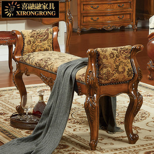 美式乡村实木床尾凳 欧式古典小沙发布艺床边凳 卧室床榻床凳长凳