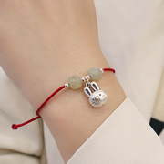 编织手链女纯银兔子国潮复古新中式设计红绳手绳和田玉配饰品