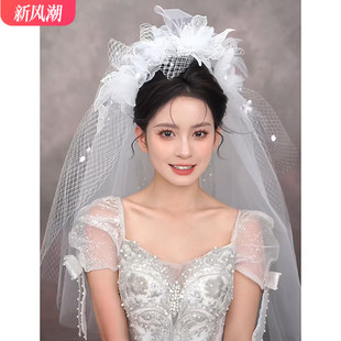 韩子造型头纱新娘主婚纱，短款花朵高级感结婚领证求婚旅拍照发饰品