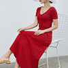 夏季新赫本(新赫本)风v领短袖酒红色连衣裙性感，露锁骨优雅纯棉气质长裙