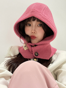 玫粉色韩国巴拉克拉法帽时髦帽子女连帽帽围脖俩用一体冬季针织帽