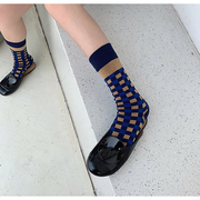 时尚小腿袜女vc棕色，条纹藏青色方格拼接chic中筒袜网红款搭配皮鞋