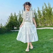 韩范女童夏装套装裙子，2024洋气女大童，短袖马甲三件套夏款长裙