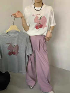 韩版樱桃图案短袖T恤女欧洲站2024 韩版樱桃图案短袖T恤女上衣