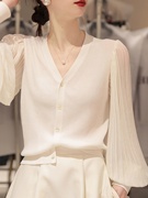 白色v领针织衫女薄款开衫个性风琴，褶雪纺拼接灯笼袖衬衫冰丝上衣