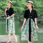 中老年夏季高端棉绸碎花连衣裙优雅气质妈妈装拼接假两件韩版裙子