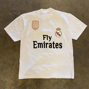 C罗皇马logo足球文化艺术印花100%纯棉美式男短袖T恤球衣印花半袖