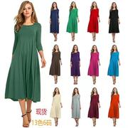 2024欧美秋季女装，亚马逊ebay圆领中袖纯色，大摆连衣裙