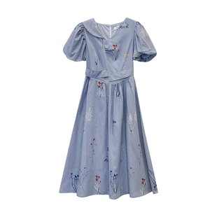 蓝色夏季连衣裙泡泡短袖，淑女风中长裙楠，0421c$18