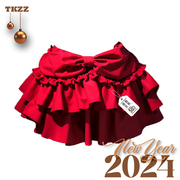 甜酷自制中国红新年春款过年氛围感大红色半身裙短裙百搭蓬蓬裙裤
