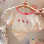 女童夏季短袖2023韩版洋气蝴蝶结，女宝宝圆领百搭泡泡袖上衣潮