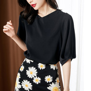  黑色v领短袖雪纺衫女设计感夏季时尚气质泡泡袖上衣洋气小衫