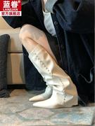 显腿瘦!白色裤管靴，2023网红胖mm尖头坡跟高筒不过膝长筒靴女