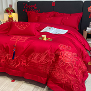 高档简约结婚四件套，大红色床单被套全棉，纯棉婚庆床上用品婚房陪嫁