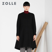 zolle因为毛呢外套，女中长款圆领不规则长袖呢子大衣2017冬季