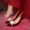 绒面红色婚鞋结婚花朵水钻新娘鞋中式秀禾鞋礼服鞋尖头细跟高跟鞋