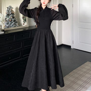 新中式改良旗袍黑色针织洋装秋冬大尺码显瘦气质拼接灯芯绒长裙子