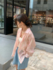 现!韩国东大门女装，夏季夏(夏季夏)竖条纹路，粉红色薄款天丝棉麻衬衫