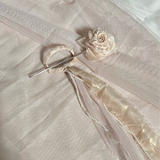 无罄原创设计《玉桃邻》鎏金肉粉手工玫瑰花，珍珠发簪子发带丝带