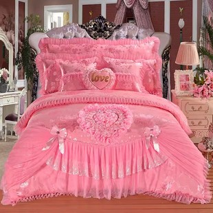 欧式蕾丝刺绣花婚庆四件套，大红粉色公主床盖六八件套1.8床上用品