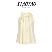 xiaotao法式系带蝴蝶结挂脖衬衫，女夏设计感宽松气质无袖雪纺上衣
