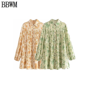 BBWM  欧美女装时尚休闲人棉水印宽松长袖衬衫裙