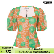 ganni夏季橘绿撞色印花图案，复古度假风，女士方领泡泡袖收腰上衣