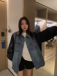 liyunzhen李允珍黑色袖子蓝色牛仔外套女2024中长型风衣夹克