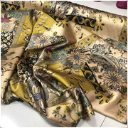 黄色桑蚕丝真丝布料喷绘印花民族风花朵图案19姆米弹力缎丝绸面料