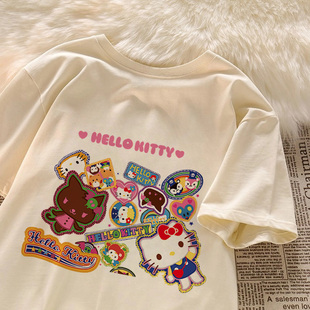 Hello Kitty女童短袖t恤时髦女孩半袖宽松上衣中大童凯蒂猫童