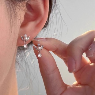 925银针珍珠天使翅膀耳钉设计感独特个性小众高级感精致气质耳环