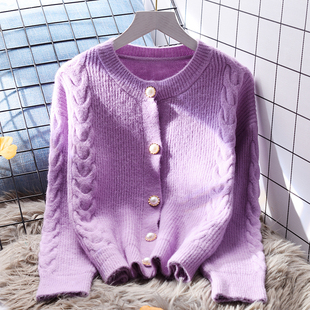 紫色麻花短款毛衣外套女宽松外穿秋冬2023日系洋气针织衫开衫