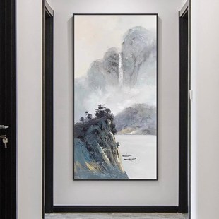 大芬村纯手绘油画新中式山水风景抽象客厅装饰画玄关过道竖版挂画