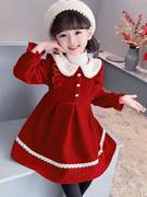 女童红色连衣裙秋冬款，2023衣服加绒女宝宝，儿童装春秋裙子春装