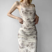 新中式玫瑰花印花吊带裙子长裙女气质，淑女褶皱修身显瘦开叉连衣裙