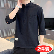 亚麻七分袖男士t恤套头立领纯色棉麻，衬衫中国风夏季纯棉中袖上衣