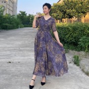 紫色雪纺连衣裙女2024夏季修身显瘦大摆长裙旅游拍照长款裙