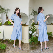 孕妇连衣裙夏季2024韩版短袖蓝色中长款薄款纯色衬衫