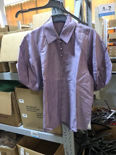 纯回馈紫色亚麻混纺法式泡泡，袖衬衣百搭五分，袖宽松女士衬衫春秋款