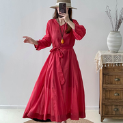 2024春夏季苎麻文艺系带亚麻连衣裙宽松大码红色民族风中长款裙子