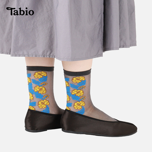 tabio绣花袜子女顺滑透气轻柔中筒袜，设计款玻璃丝袜时尚优雅女袜
