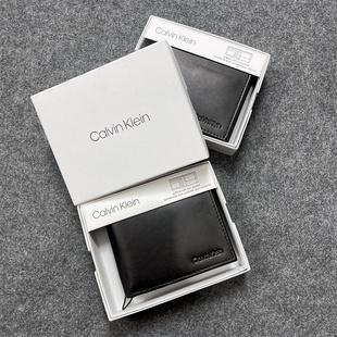 CK/Calvin Klein男士再生皮短款黑色学生青年皮夹送人礼盒装钱包