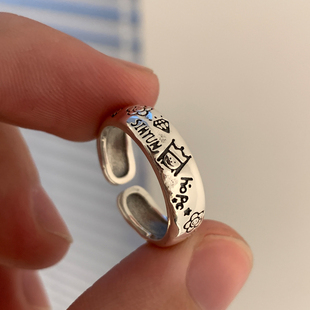 小宝s925纯银复古花朵王子涂鸦开口戒指女2022年潮小众设计感
