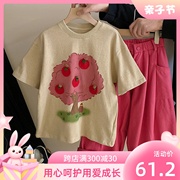 韩国童装女童印花上衣2024夏季中小童洋气立体钩花短袖T恤潮
